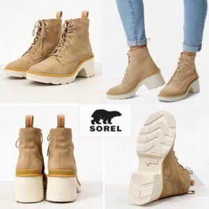 Sorel Hi-Line Heel Lace Boots Waterproof Suede Leather Chunky Tan Size 10.5